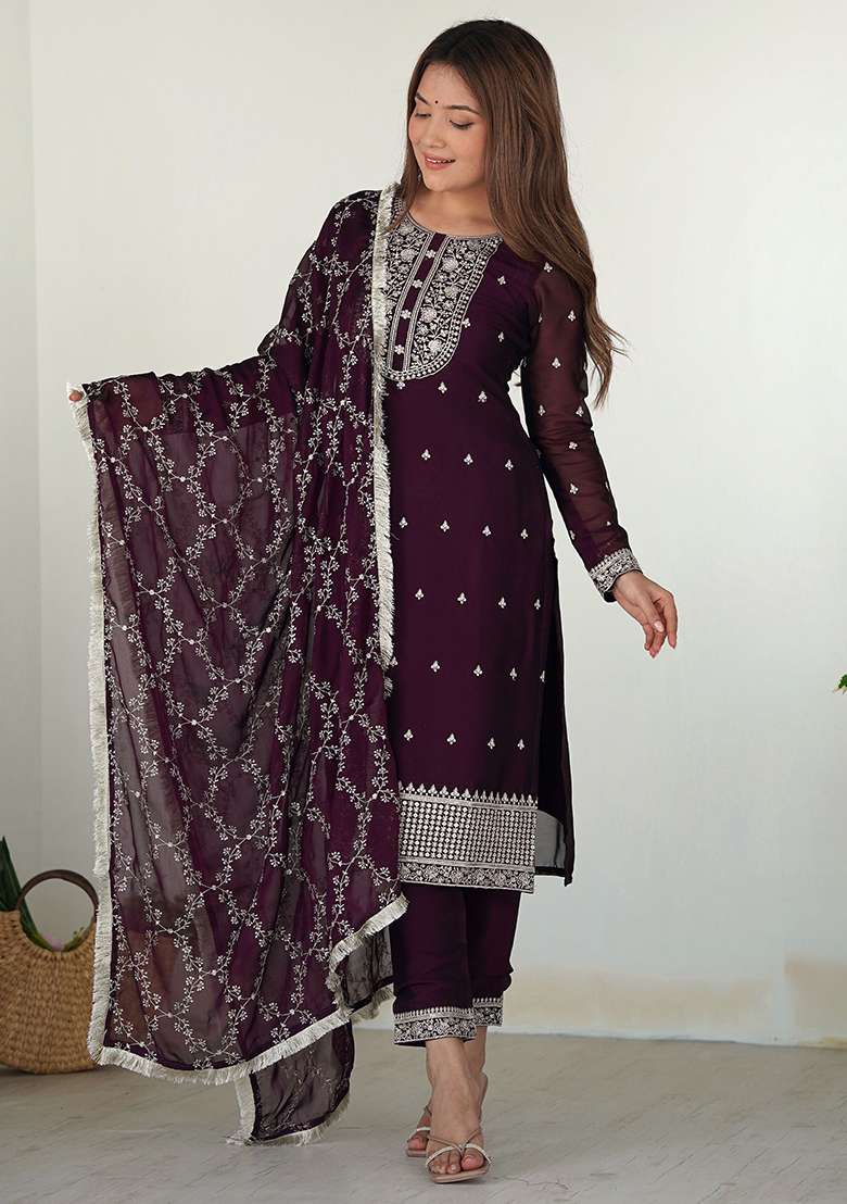 Purple Embroidered Silk Blend Kurta Set - Indya