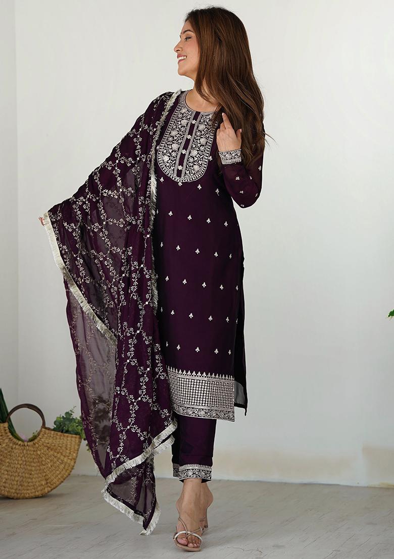 Purple Embroidered Silk Kurta Set