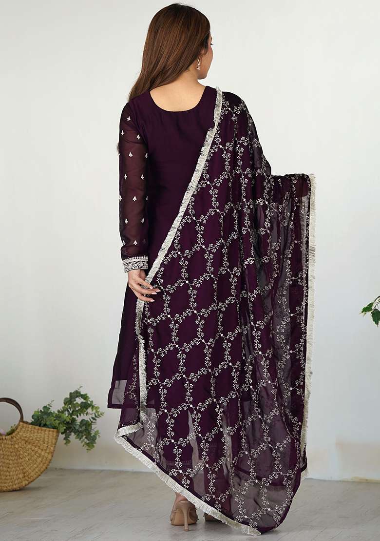 Purple Embroidered Silk Blend Kurta Set - Indya