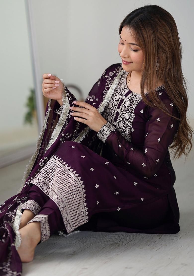 Purple Embroidered Silk Kurta Set
