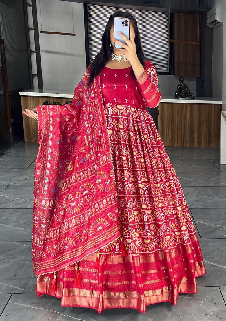 Red Zari Weaving Silk Anarkali Set