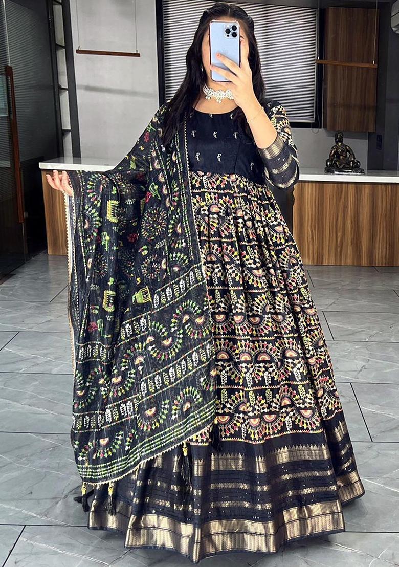 Black Zari Weaving Silk Anarkali Set