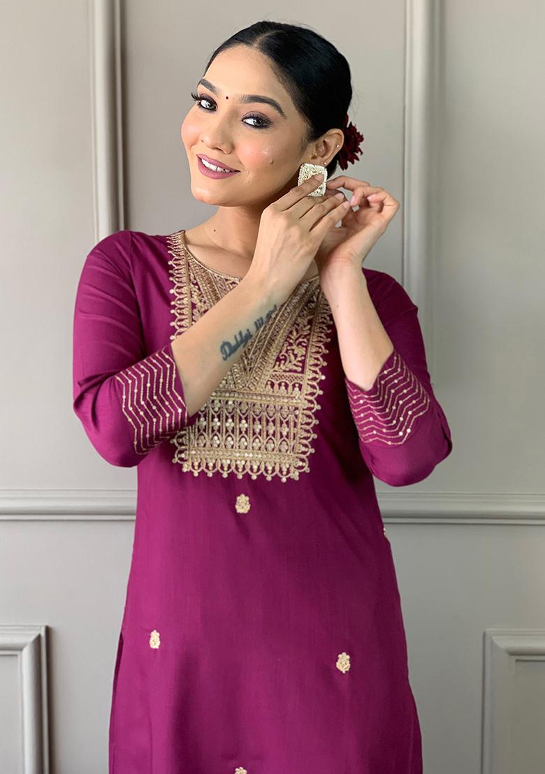 Purple Embroidered Rayon Kurta Set