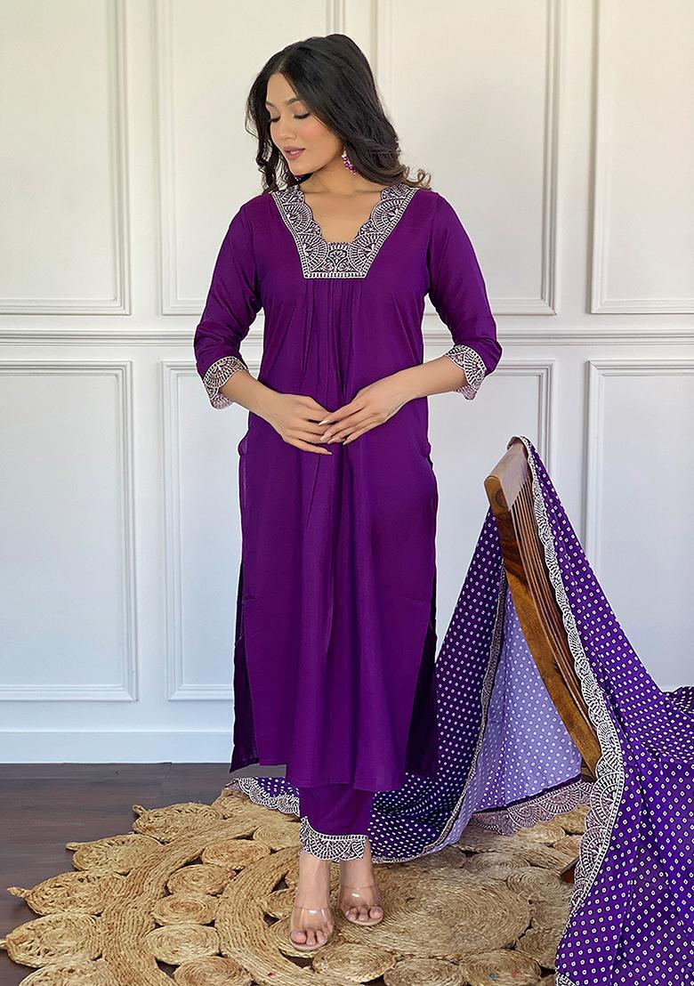 Purple Embroidered Viscose Kurta Set