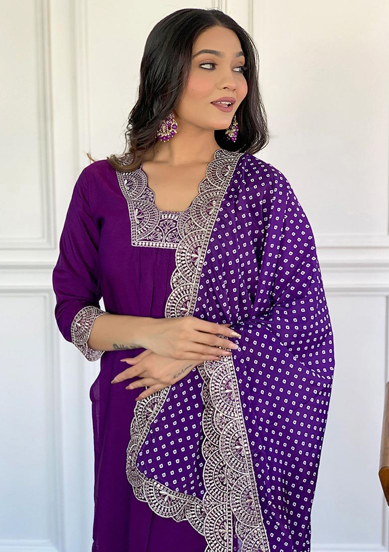 Purple Embroidered Viscose Kurta Set