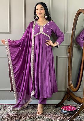 Purple Embroidered Viscose Kurta Set