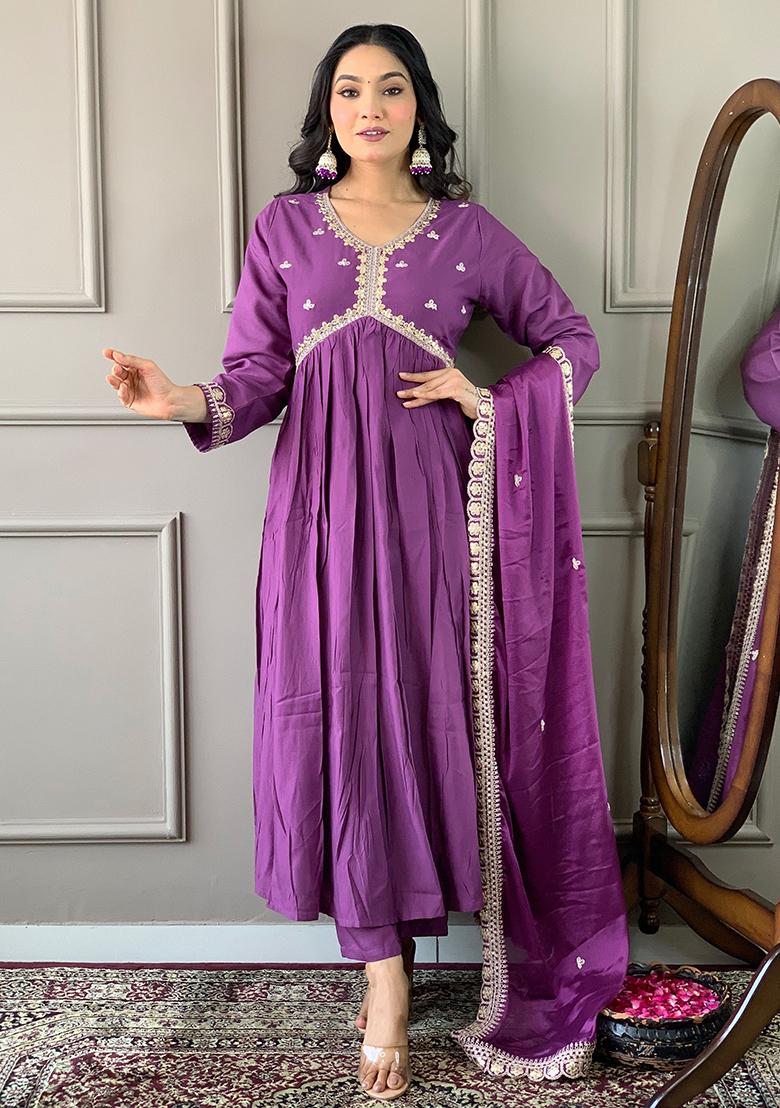 Purple Embroidered Viscose Kurta Set