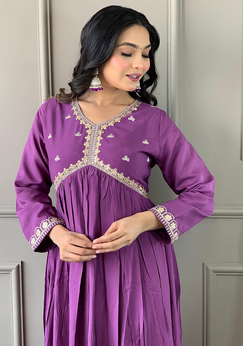 Purple Embroidered Viscose Kurta Set