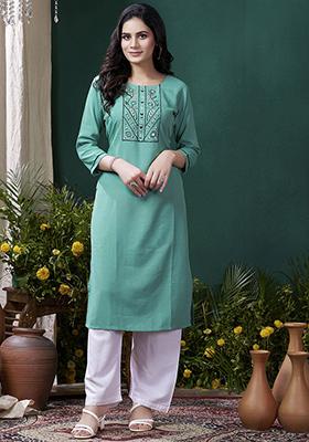 Green Hand Embroidered Cotton Kurta Set