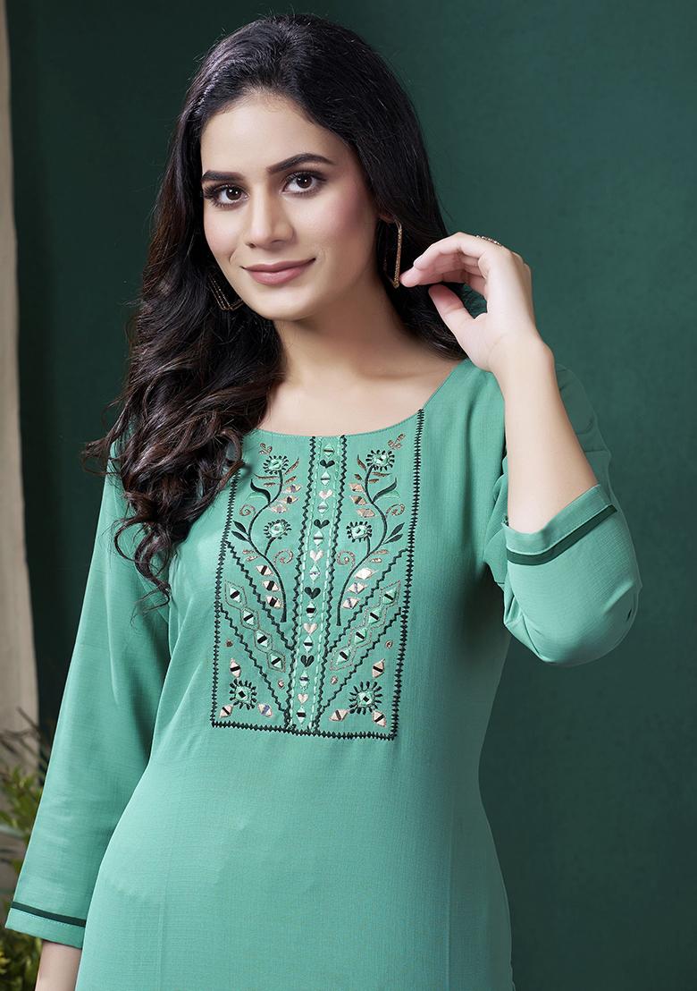 Green Hand Embroidered Cotton Kurta Set