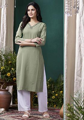 Green Hand Embroidered Cotton Kurta Set