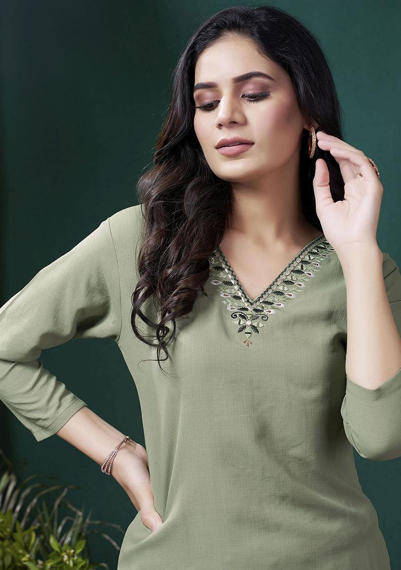 Green Hand Embroidered Cotton Kurta Set