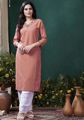 Peach Hand Embroidered Cotton Kurta Set