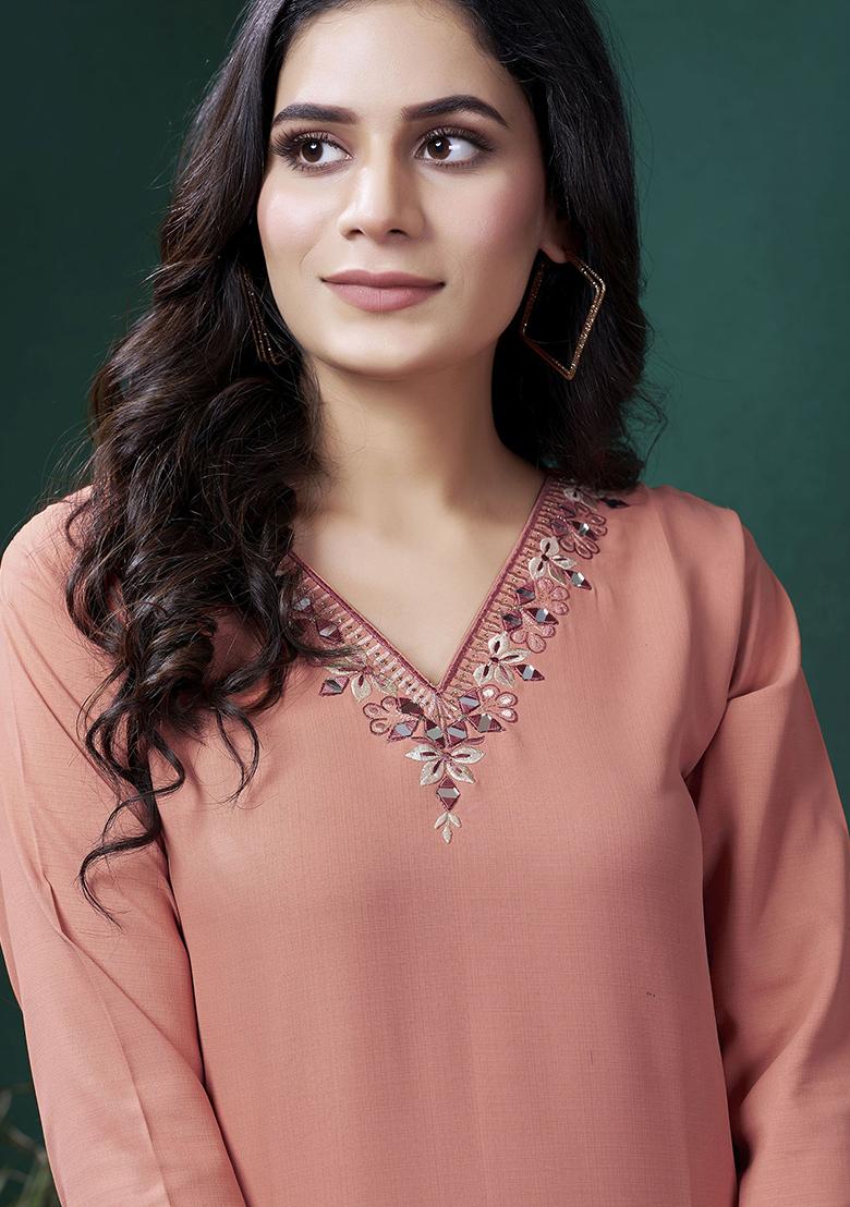 Peach Hand Embroidered Cotton Kurta Set