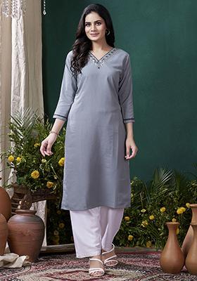 Grey Hand Embroidered Cotton Kurta Set