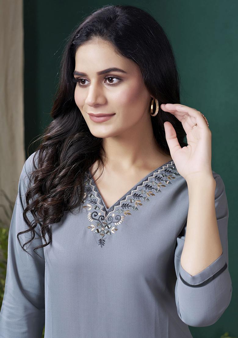 Grey Hand Embroidered Cotton Kurta Set