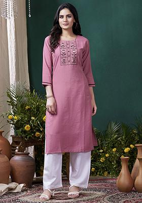 Pink Hand Embroidered Cotton Kurta Set
