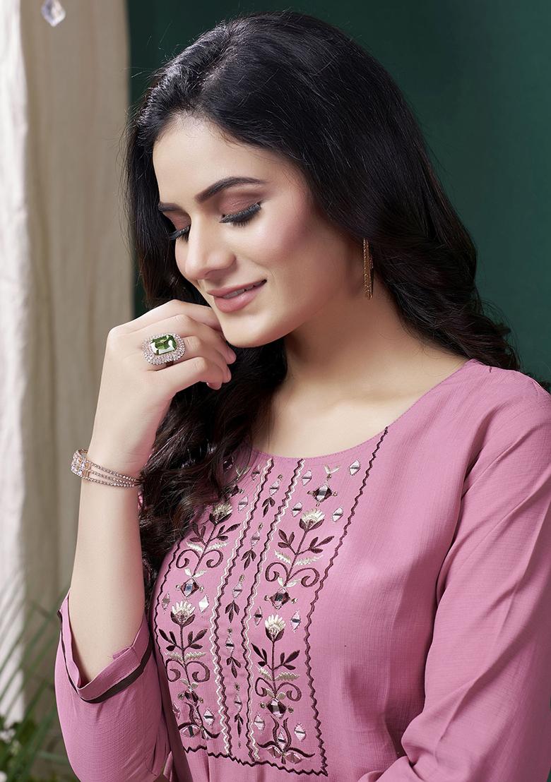 Pink Hand Embroidered Cotton Kurta Set