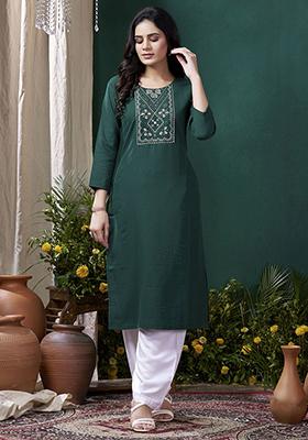 Green Hand Embroidered Cotton Kurta Set