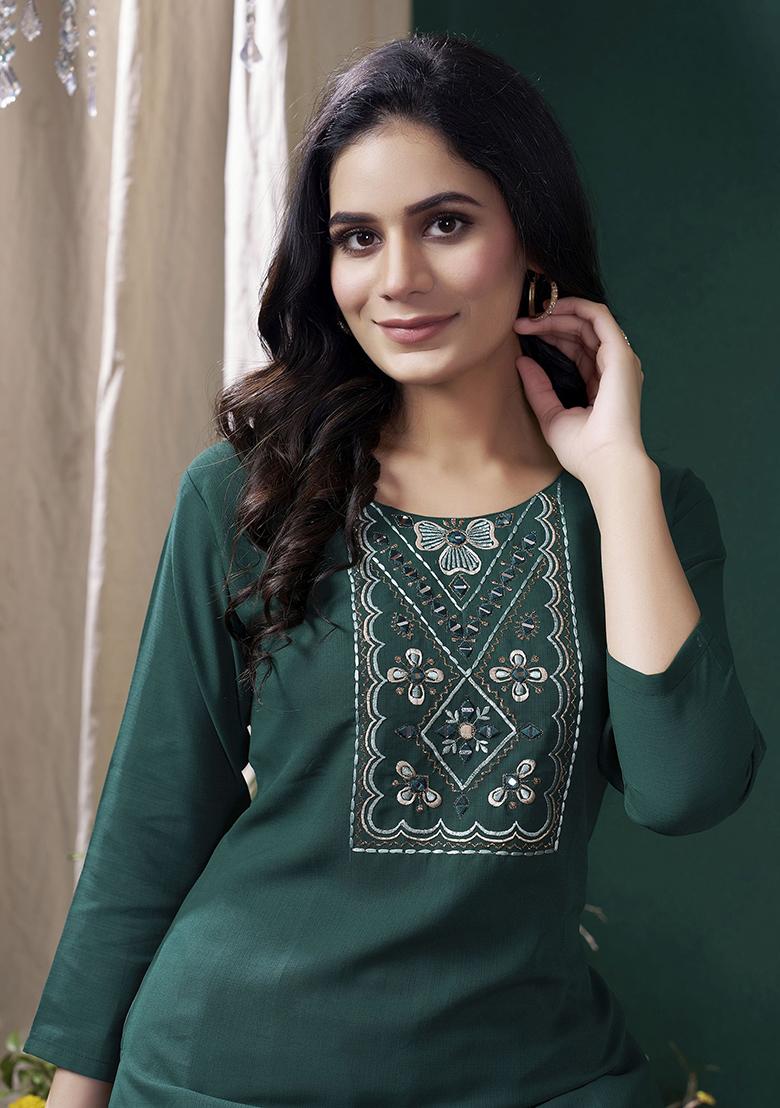 Green Hand Embroidered Cotton Kurta Set
