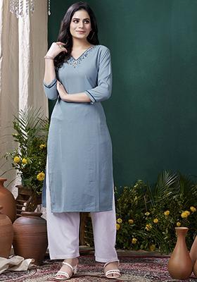 Blue Hand Embroidered Cotton Kurta Set