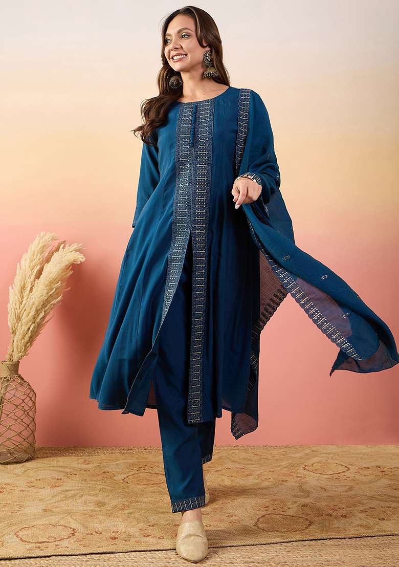 Blue Embroidered Silk Kurta Set - Indya