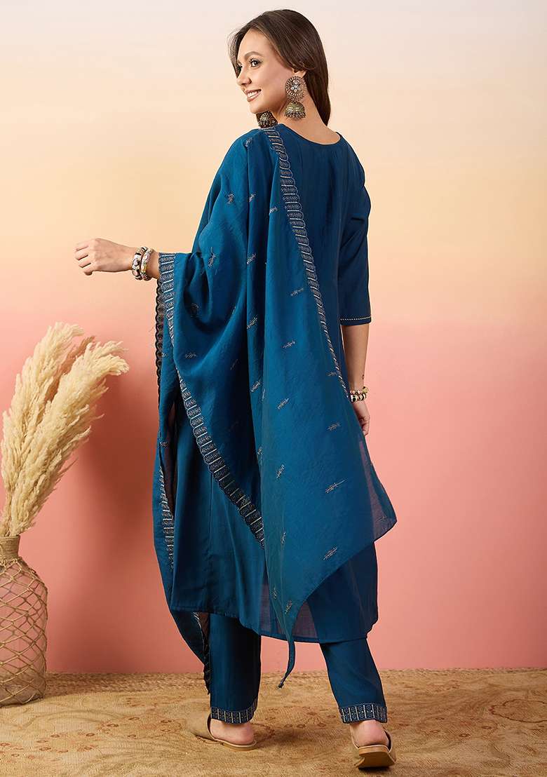 Blue Embroidered Silk Kurta Set - Indya