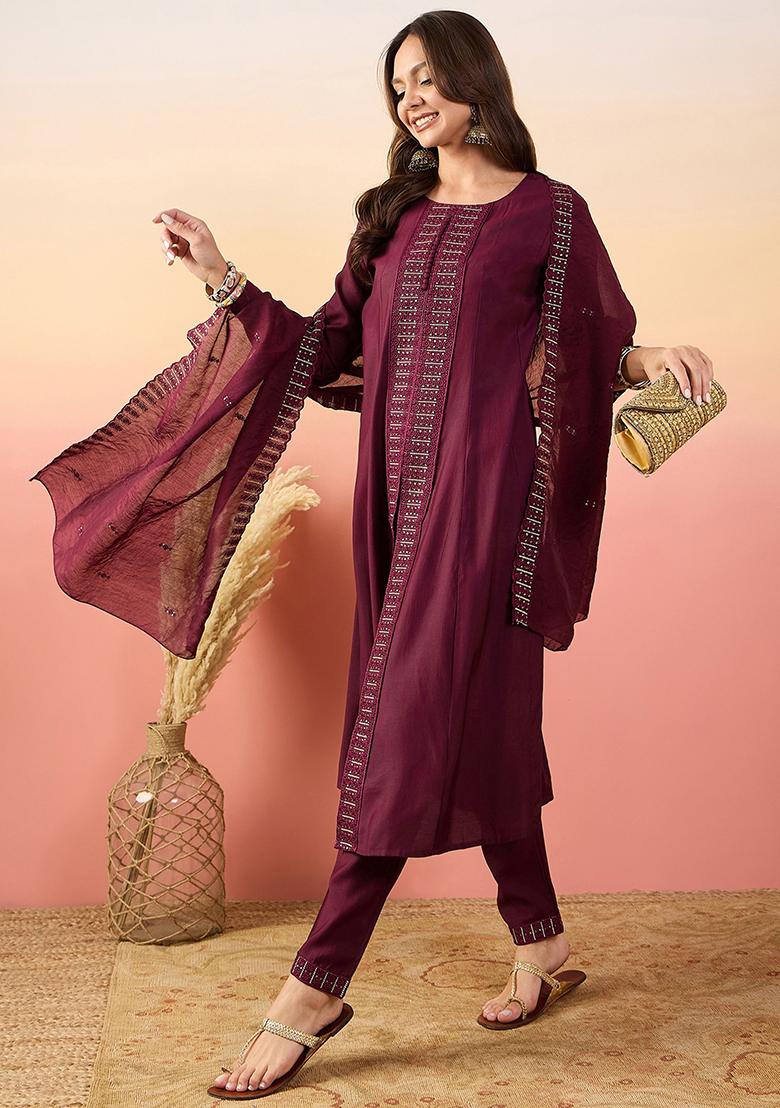 Maroon Embroidered Silk Kurta Set