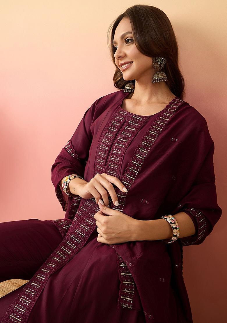 Maroon Embroidered Silk Kurta Set