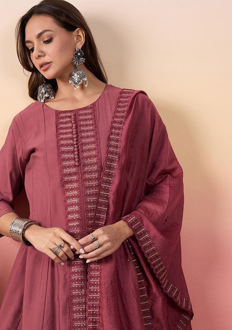 Pink Embroidered Silk Kurta Set