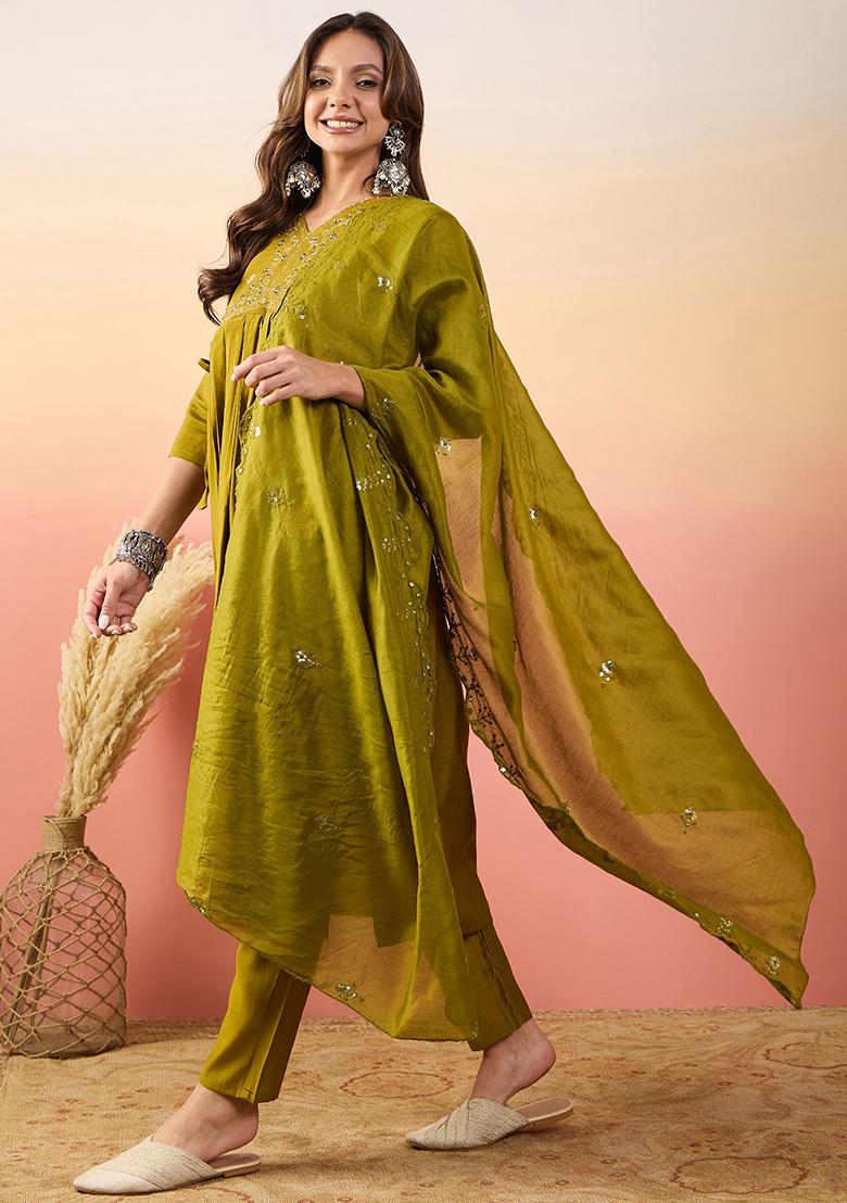 Yellow Embroidered Silk Kurta Set