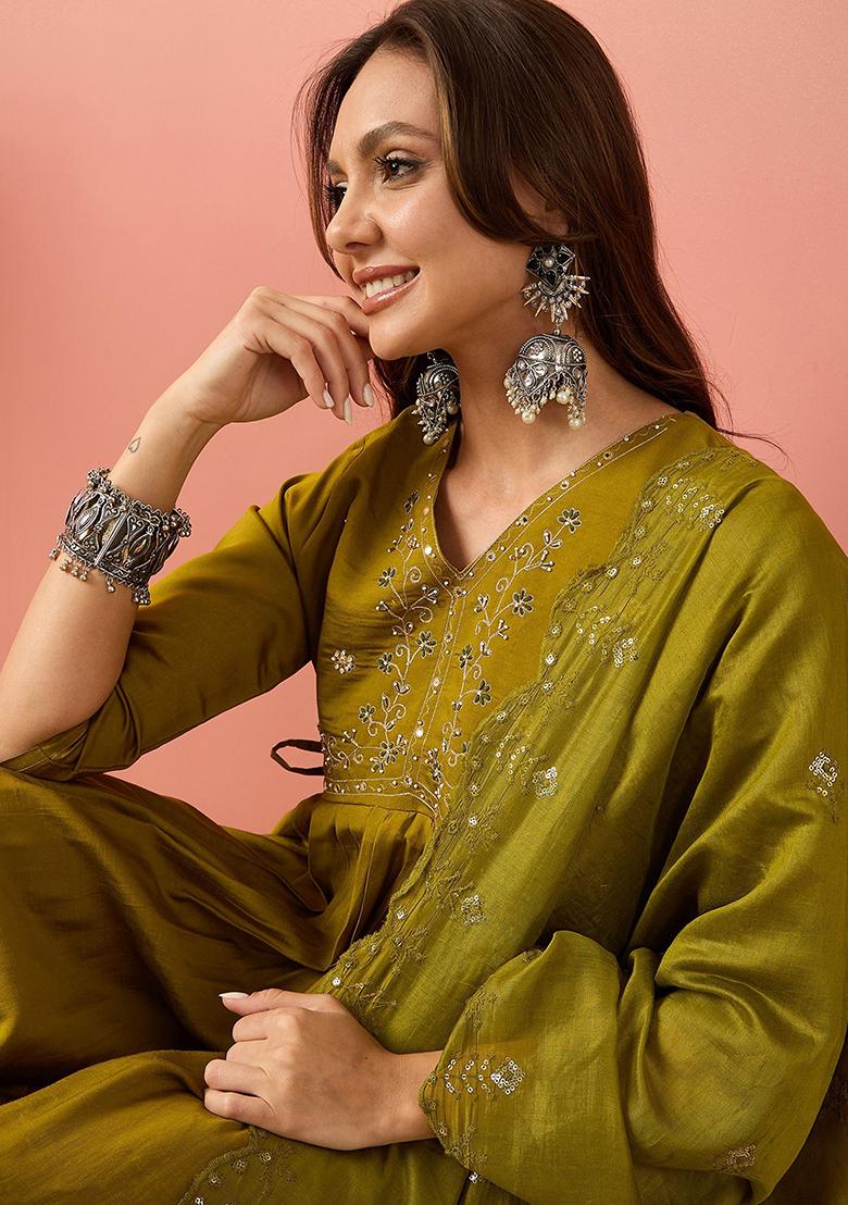 Yellow Embroidered Silk Kurta Set