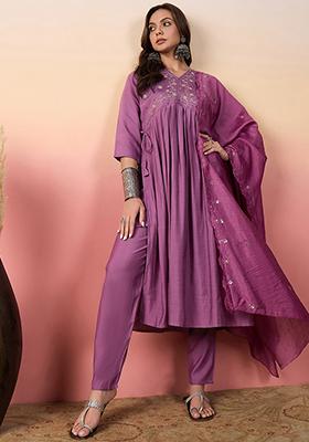 Purple Embroidered Silk Kurta Set