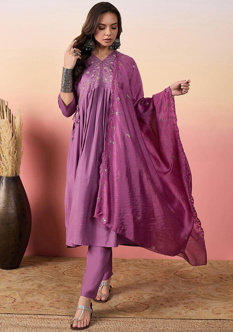 Purple Embroidered Silk Kurta Set