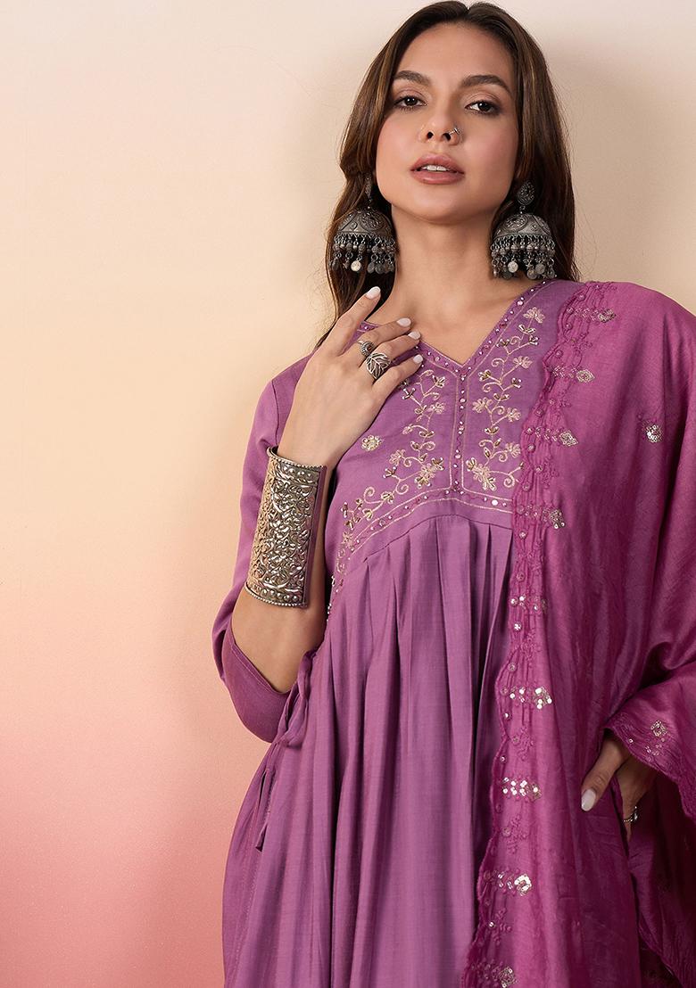 Purple Embroidered Silk Kurta Set