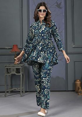 Blue Digital Print Rayon Fusion Set