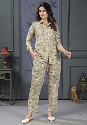 Green Digital Print Rayon Fusion Set