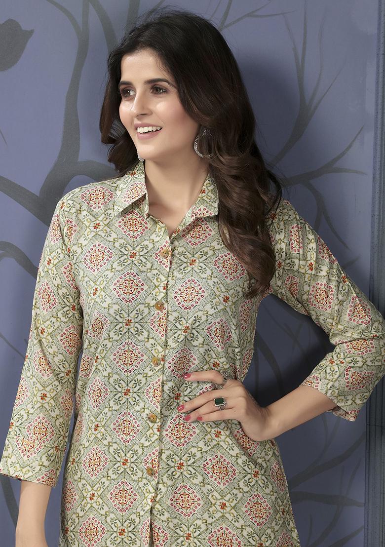 Green Digital Print Rayon Fusion Set