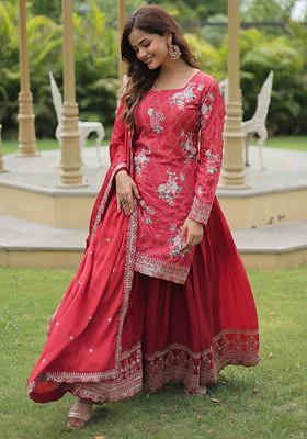 Maroon Sequin Embroidered Chinon Kurta Set