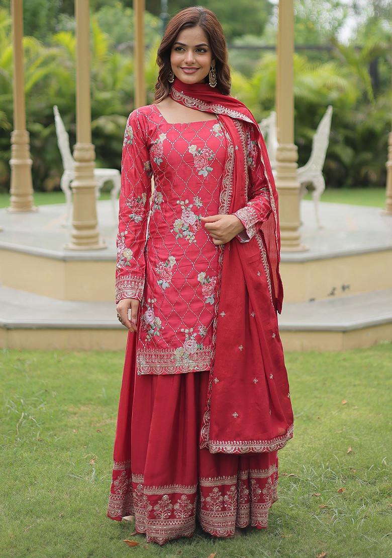 Maroon Sequin Embroidered Chinon Kurta Set