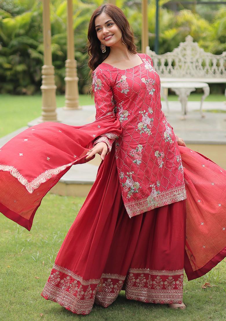 Maroon Sequin Embroidered Chinon Kurta Set