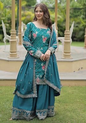 Blue Sequin Embroidered Chinon Kurta Set