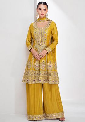 Yellow Embroidered Chinon Kurta Set