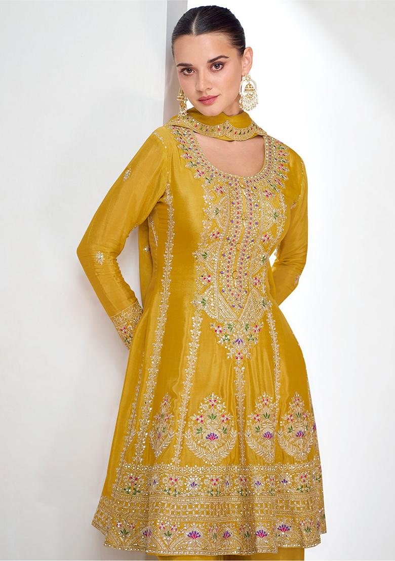 Yellow Embroidered Chinon Kurta Set