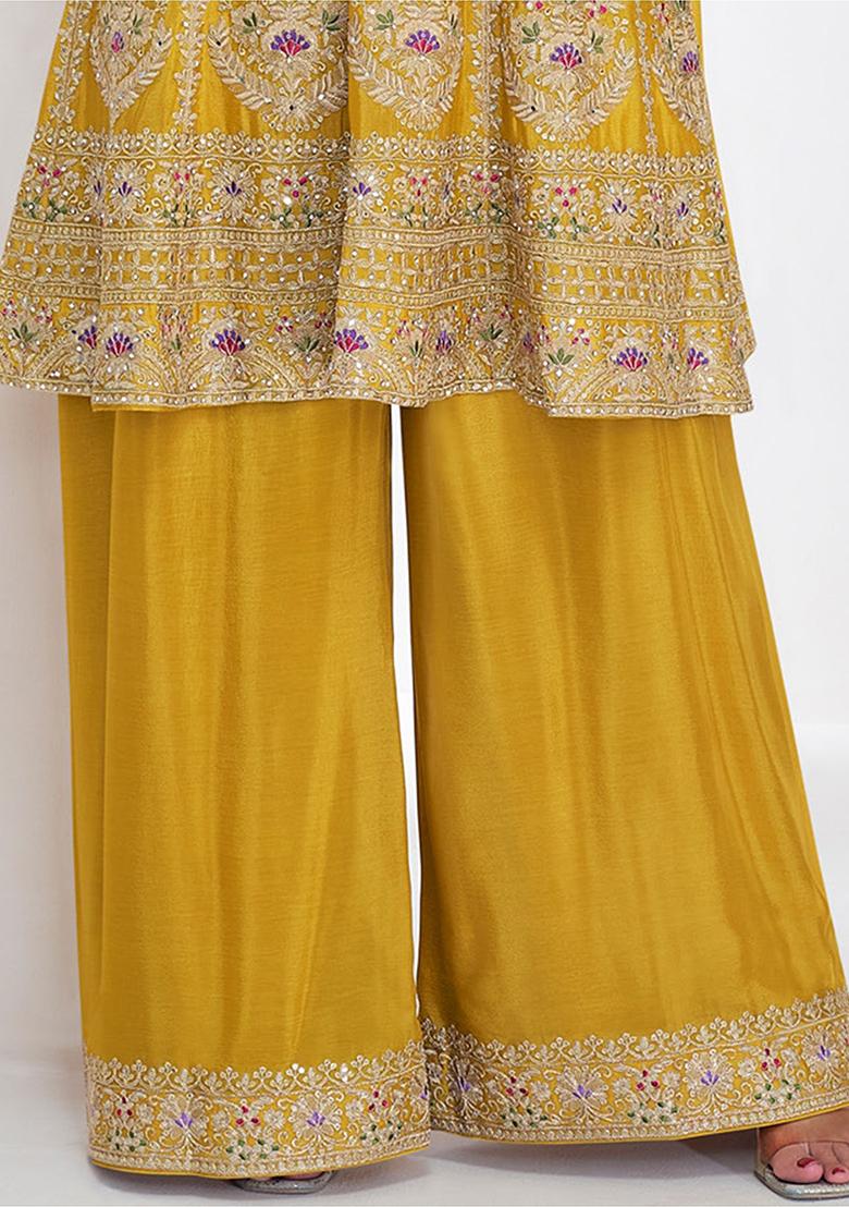Yellow Embroidered Chinon Kurta Set