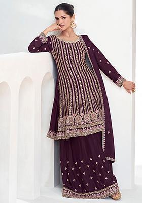 Purple Embroidered Chinon Kurta Set