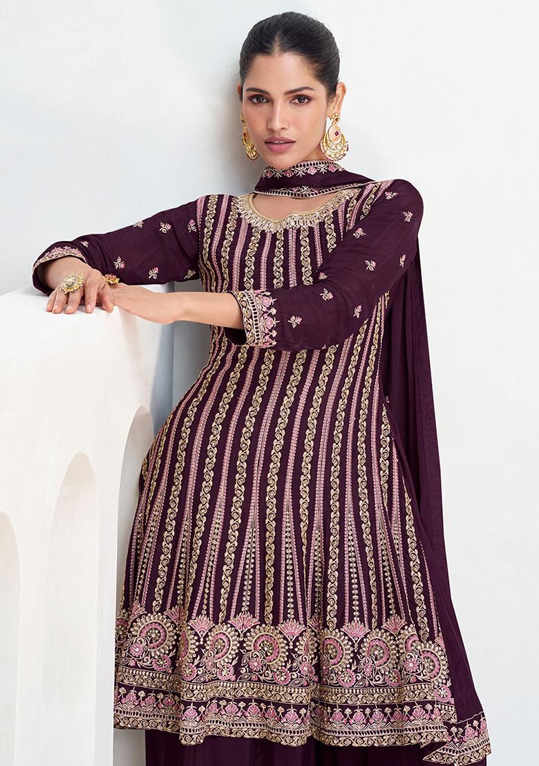 Purple Embroidered Chinon Kurta Set