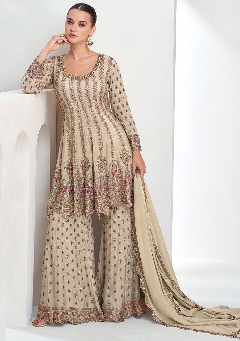 Beige Embroidered Chinon Kurta Set