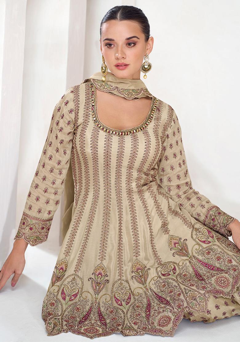 Beige Embroidered Chinon Kurta Set