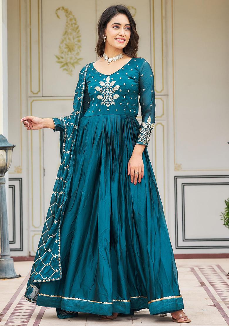 Blue Sequin Embroidered Silk Anarkali Set